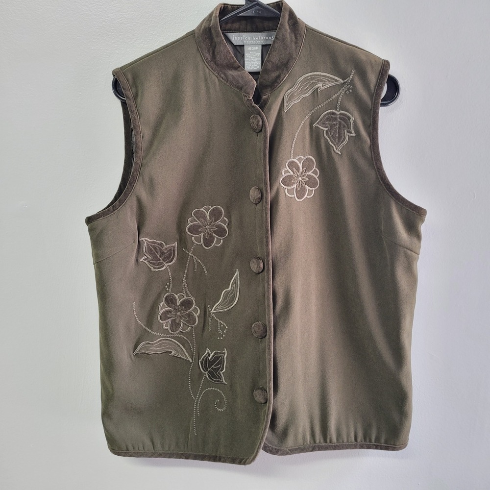 Jessica Holbrook Womens Medium Olive Green Embroider Floral Vest Quilted Lining